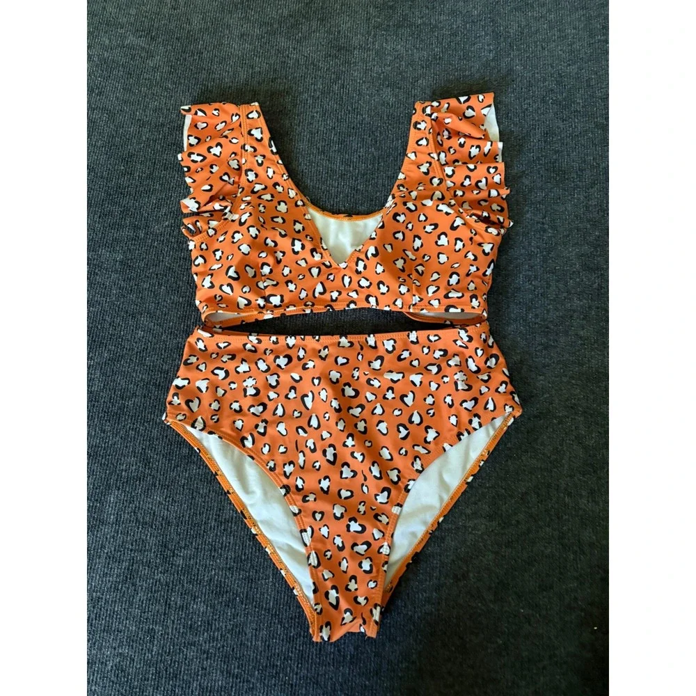 SHEIN Womens Orange Leopard Heart Print Ruffle High Waist Bikini Set Size L 2562